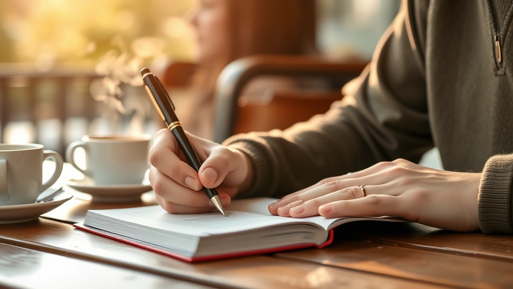 Hands writing in journal while coffee steams nearby, morning light, outdoor café background, contemplative learning moment, real candid posture