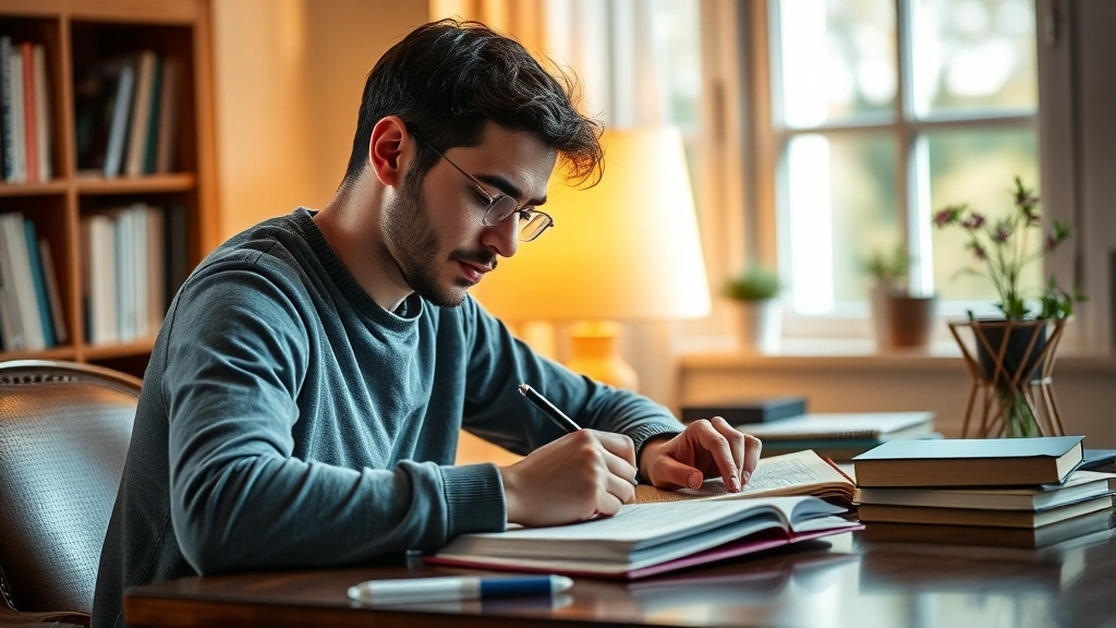 Learner writing detailed notes in journal during study session, warm lighting, peaceful workspace, reflection and progress tracking visible through body language
