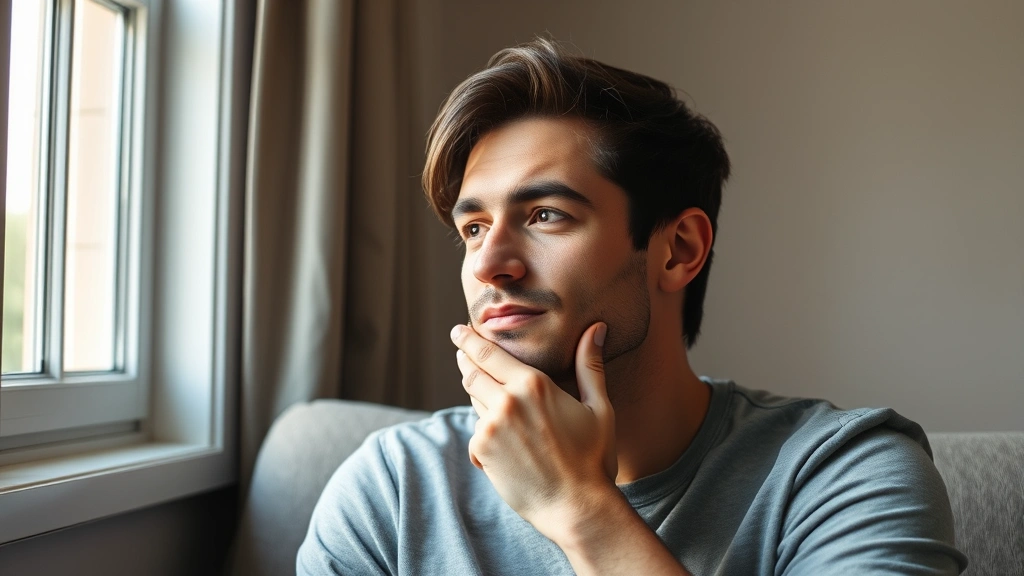 Person in quiet moment with hand on chin, appearing thoughtful and reflective after a conversation, natural window light, peaceful expression showing mindful listening