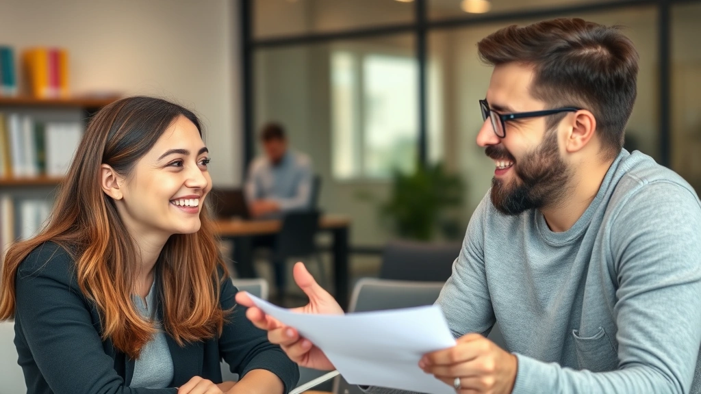 Someone receiving constructive feedback from a mentor, both looking engaged and positive, collaborative learning environment, genuine human interaction