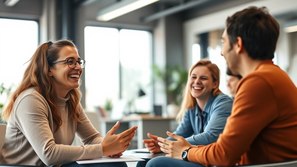 Diverse group laughing during feedback session, casual office environment, genuine interaction, mentor and learner dynamic, natural lighting