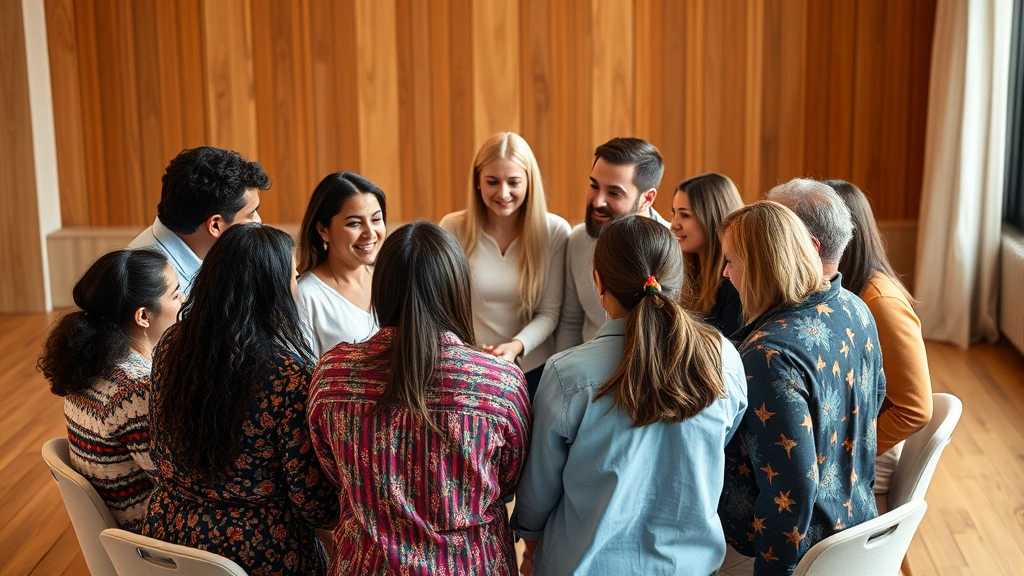 Diverse group in circle having discussion, all facing each other with open body language, everyone appears engaged and valued, warm lighting suggesting trust and safety