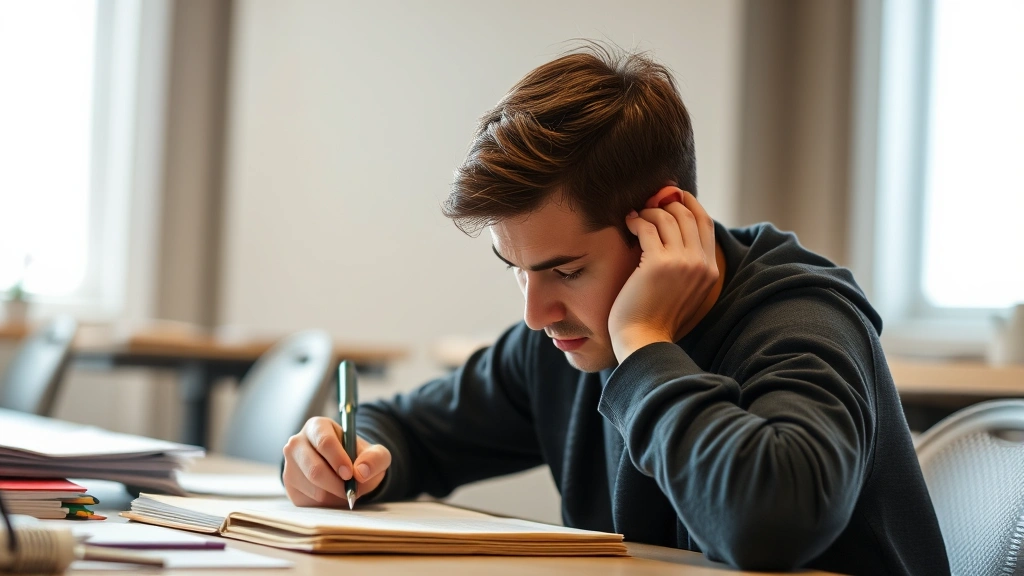 Person intensely focused on a task at a desk with notes and materials, showing concentrated effort and mental engagement during a learning session