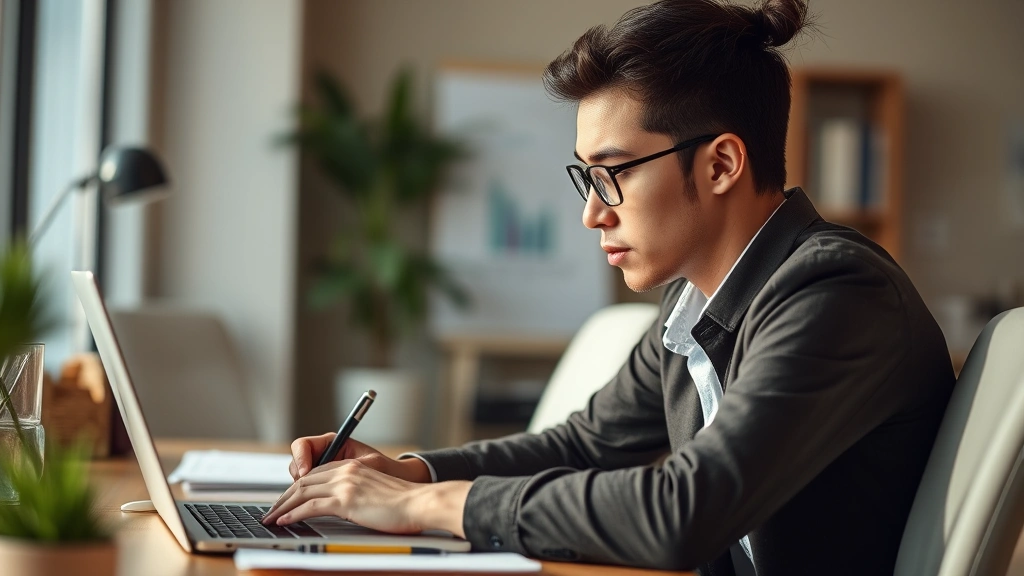 Professional adult focused intently on laptop, notebook with handwritten notes nearby, warm office lighting, growth mindset expression, learning in progress