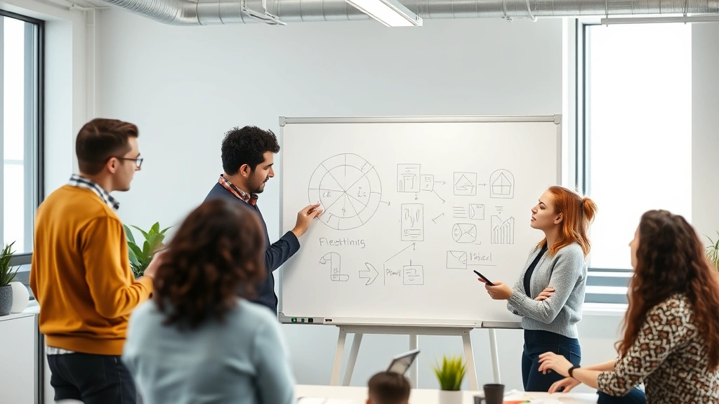 Diverse group collaborating in modern workspace, whiteboard with sketches visible but not readable, mentorship moment, knowledge sharing energy