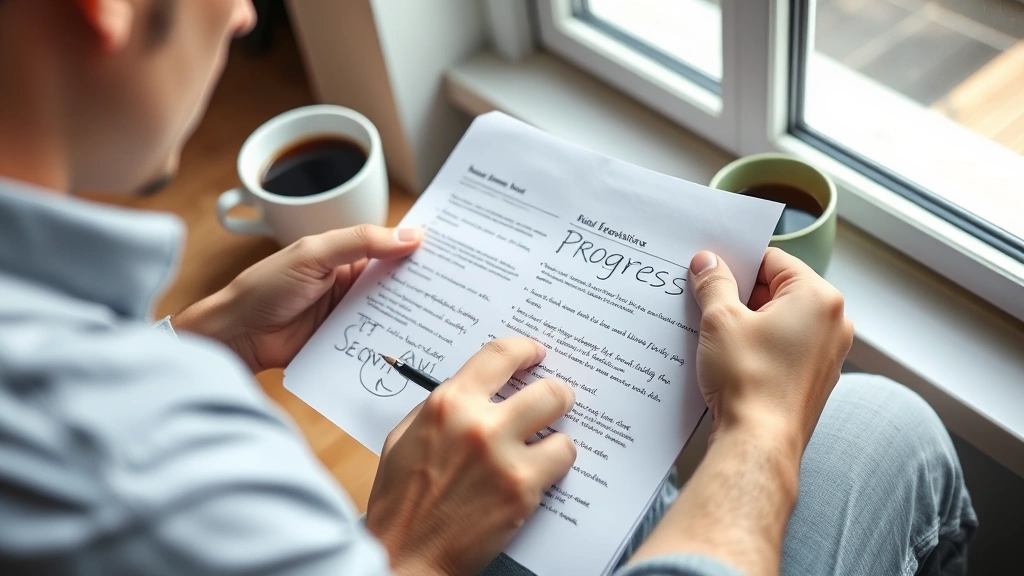 Person reviewing handwritten progress notes with visible satisfaction, coffee cup, natural window light, reflection and measurement of growth