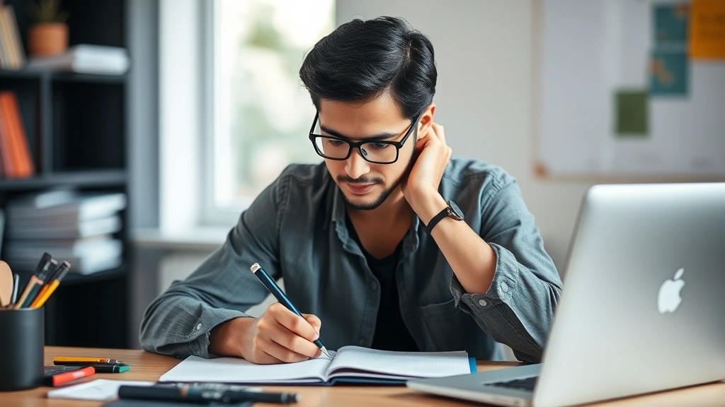 A focused person practicing a skill at a desk with minimal distractions, natural light, notebook and tools nearby, calm and concentrated expression, professional but relaxed atmosphere