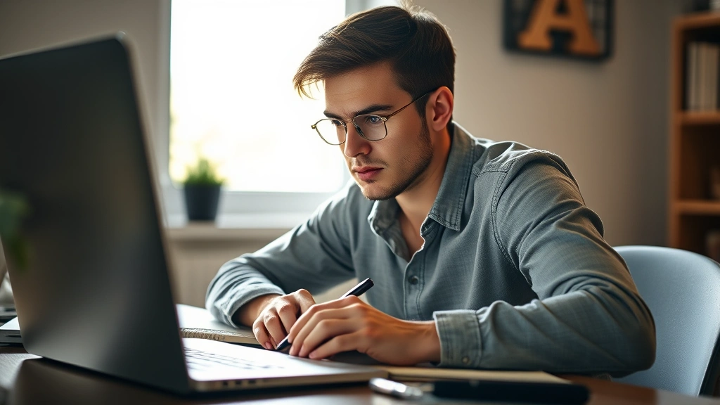 Person focused intently at a desk with notebook and laptop, natural light streaming in, learning something new with concentration visible on face