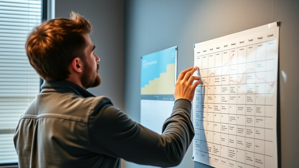 Person reviewing their work or progress chart on a wall, tracking improvements over time with visible satisfaction and growth