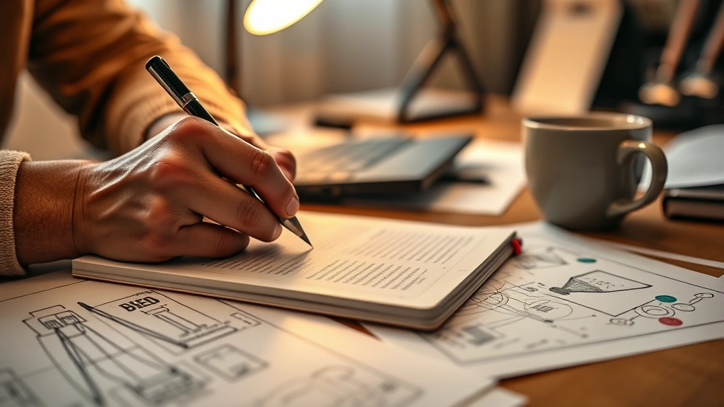 Close-up of hands writing in notebook during focused study session, coffee cup nearby, warm desk lamp lighting, papers with diagrams and sketches visible