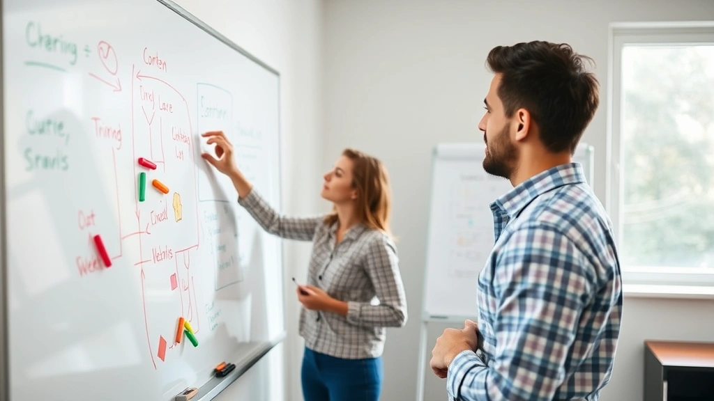 Person standing at whiteboard sketching learning concepts, multiple colored markers, collaborative learning environment, engaged and thoughtful expression, bright natural light