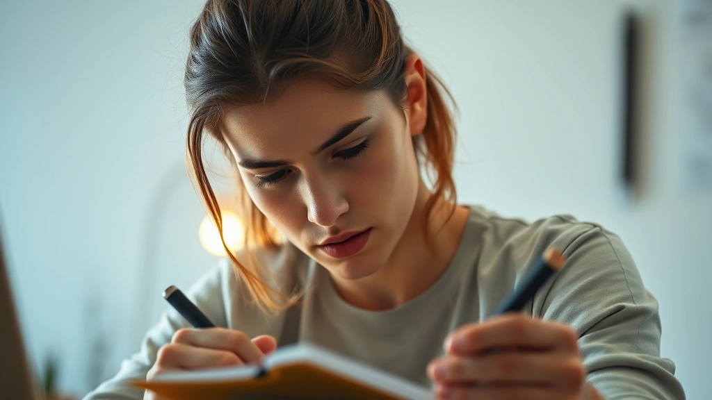 Person in focused concentration during skill practice session, warm lighting, notebook and tools visible, determined expression