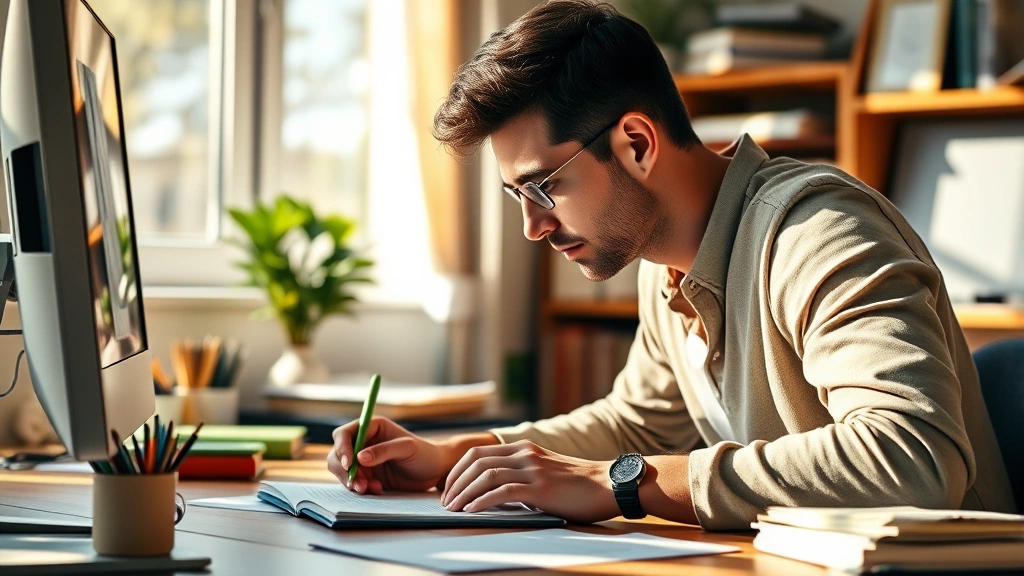Person intently focused on a desk with notebook and computer, surrounded by learning materials, warm natural light showing concentration and growth mindset