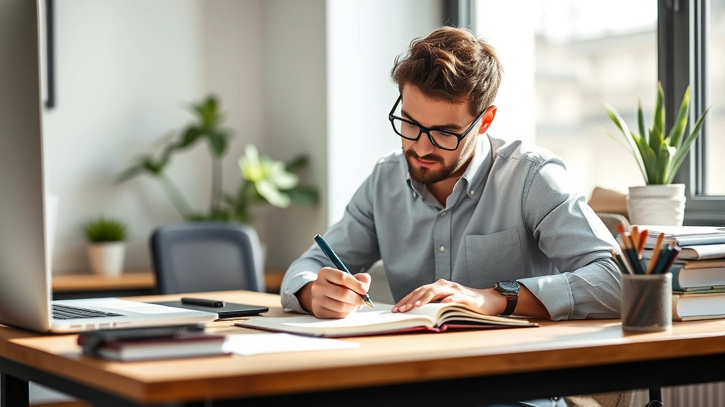 Professional adult at desk writing in notebook during focused practice session, natural lighting, determined expression, modern workspace