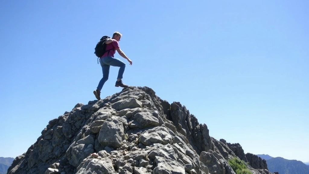 Person climbing rocky mountain trail with clear sky, representing progression through learning stages and overcoming challenges