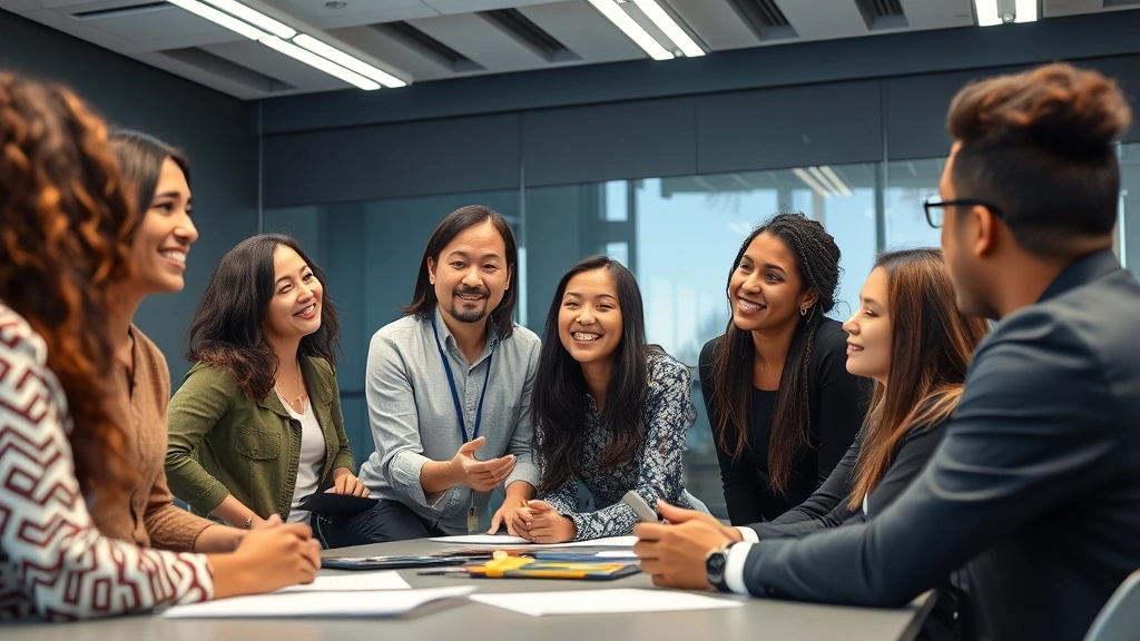 Group of diverse professionals in collaborative learning setting, one explaining concept to others, engaged and supportive atmosphere