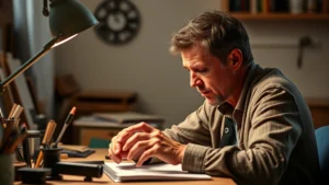 Person intensely focused at desk practicing a craft, hands in motion, showing concentration and effort during skill practice session