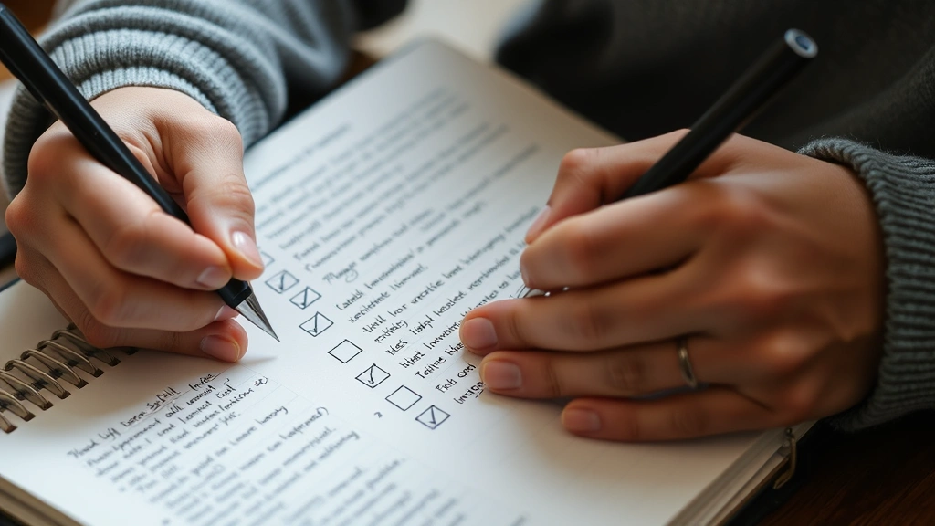 Close-up of hands writing in a practice journal, tracking progress with checkmarks and notes, showing deliberate reflection and feedback