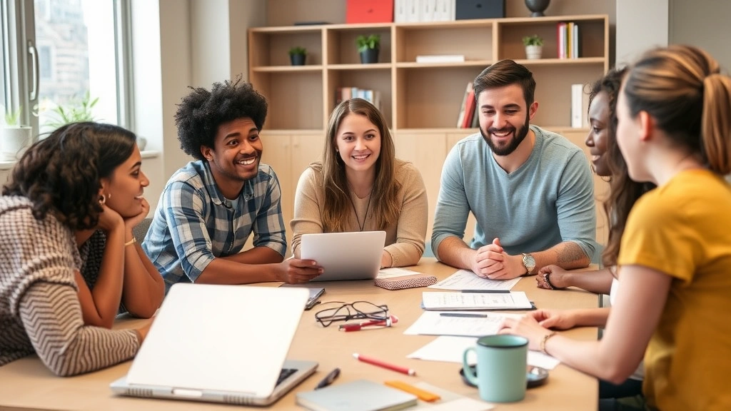 Group of diverse learners giving each other feedback during a skill-sharing session, encouraging and supportive atmosphere